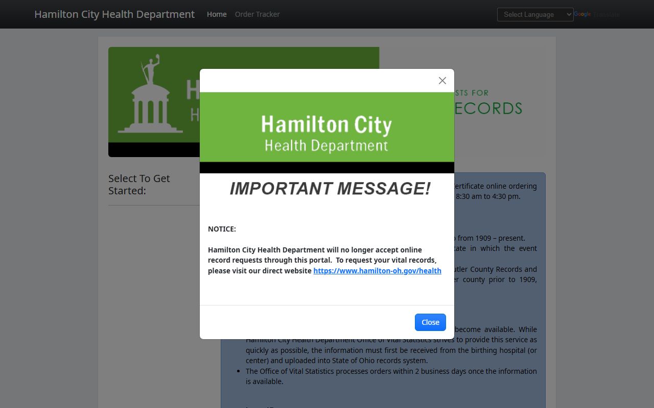 Hamilton County area death records online ordering portal for Cincinnati