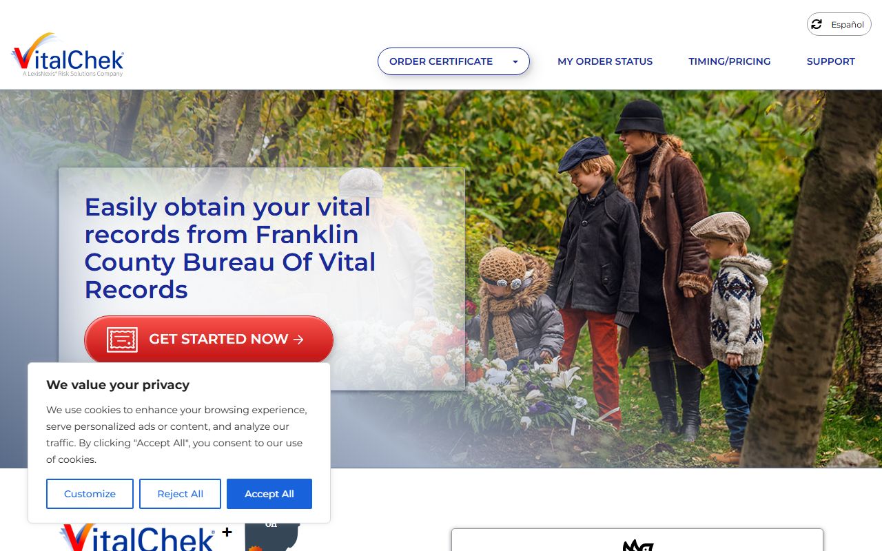 VitalChek ordering page for Dublin death records through Franklin County