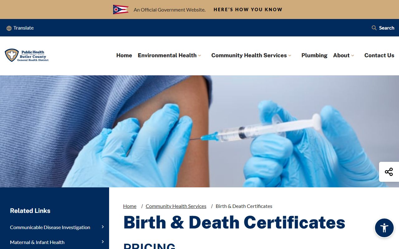 Butler County Health Department vital records page for Fairfield death records