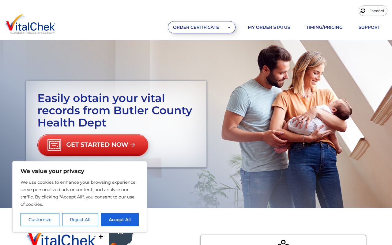 VitalChek ordering page for Fairfield death records through Butler County