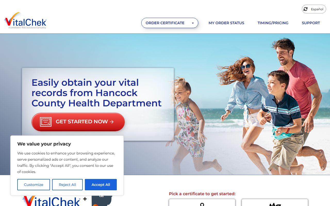 VitalChek ordering page for Findlay death records in Hancock County