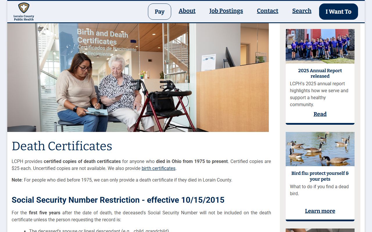 Lorain County Public Health death certificates page for Lorain death records
