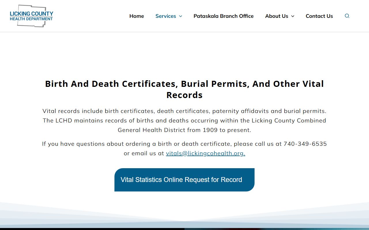 Licking County Health Department vital statistics page for Newark death records