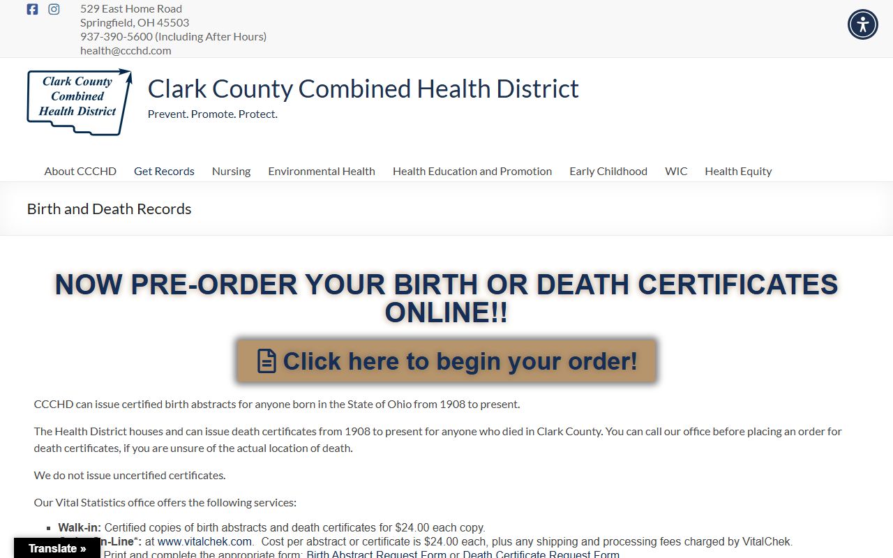 Clark County Combined Health District page for Springfield death records