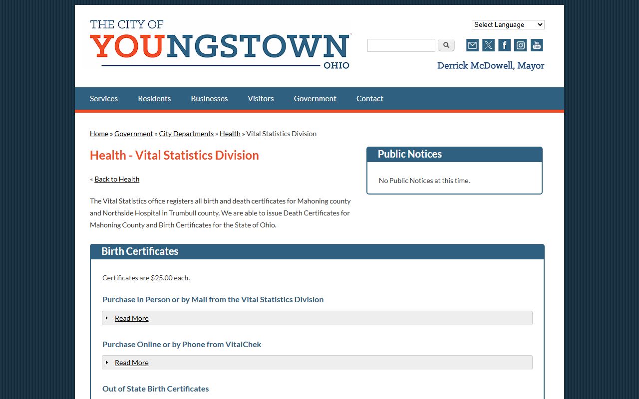 Youngstown City Health District vital statistics page for death records