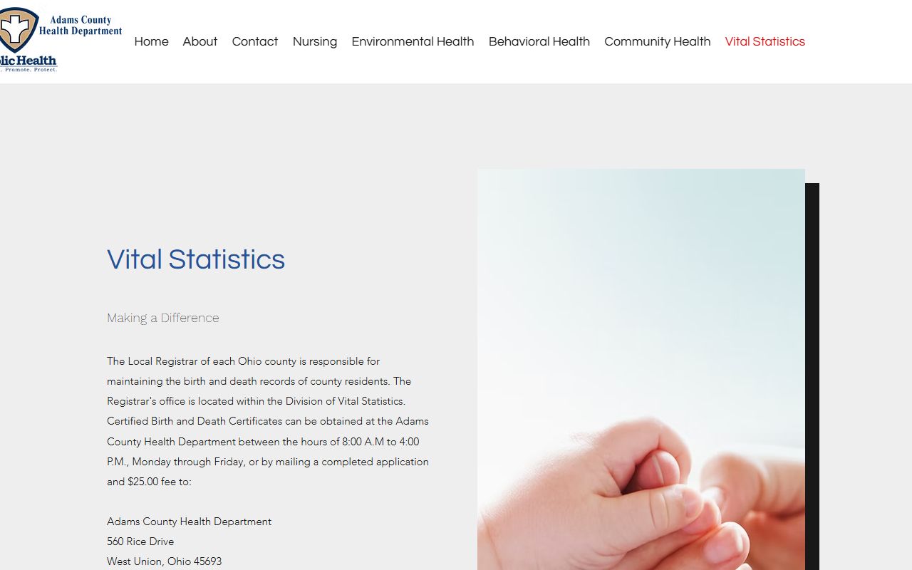 Adams County Health Department vital statistics page for death records