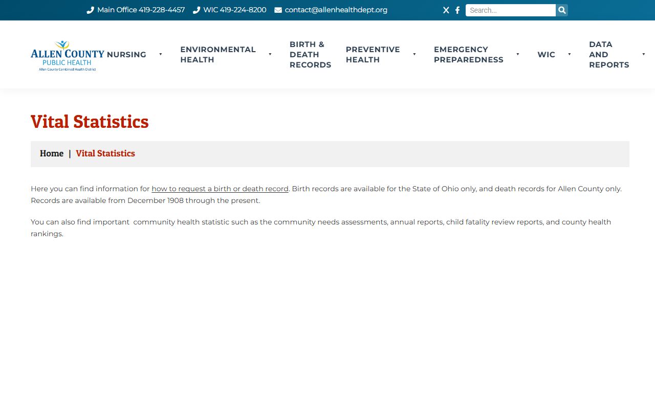 Allen County Public Health vital statistics page for death records