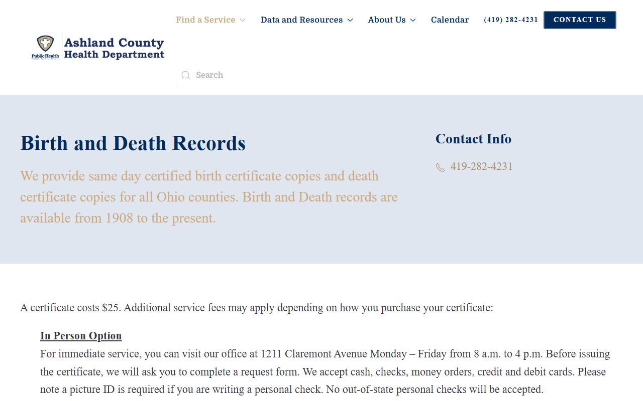 Ashland County Health Department birth and death records page