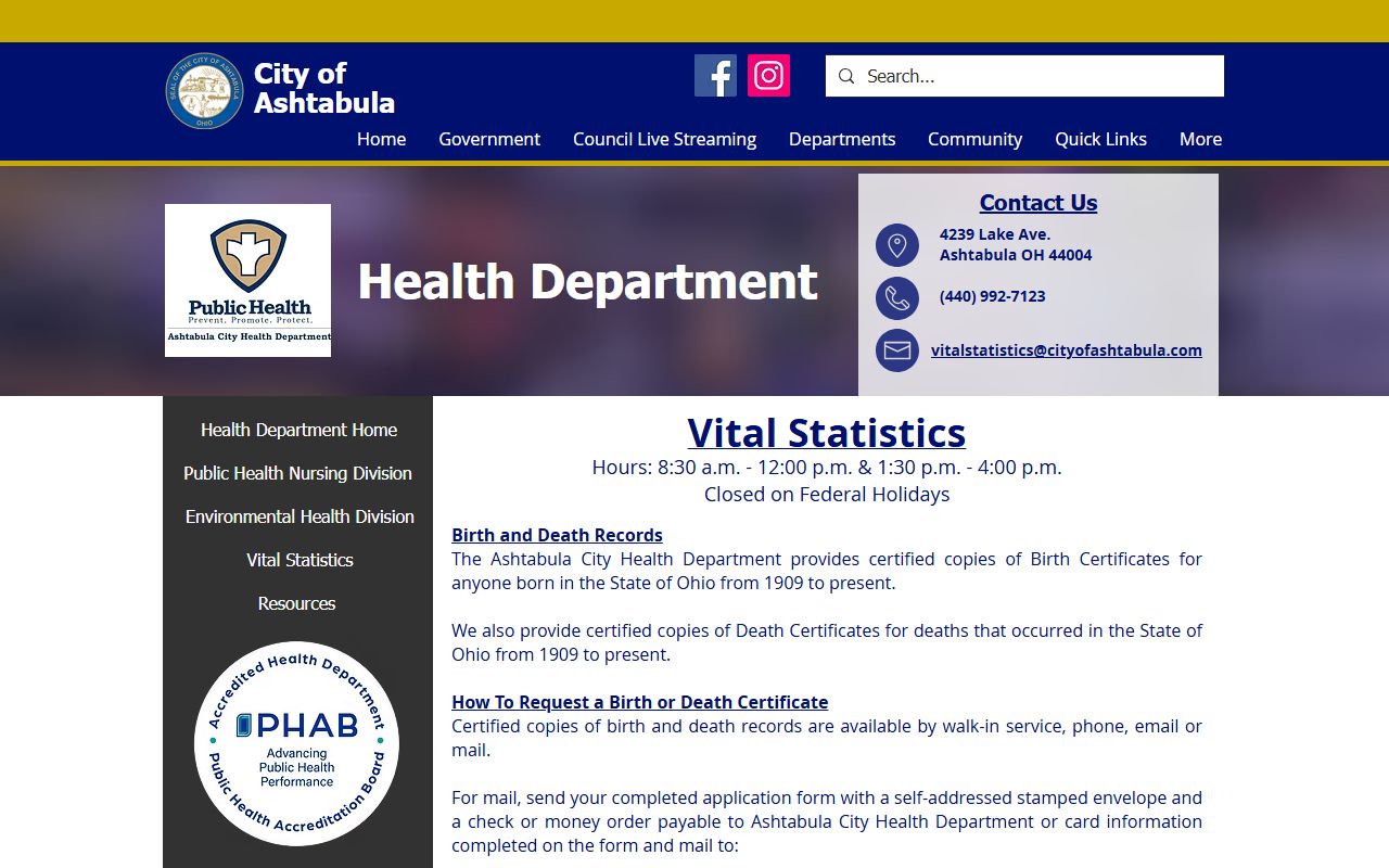 City of Ashtabula vital statistics page for death records