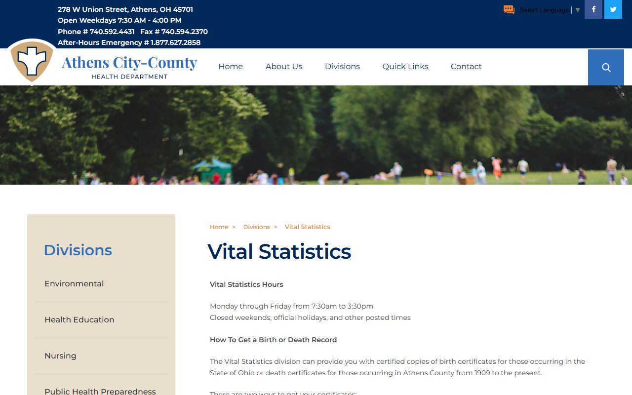 Athens City-County Health Department vital statistics page for death records