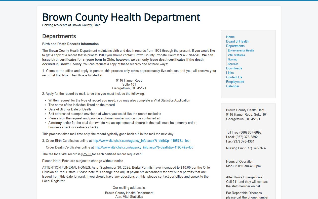 Brown County Health Department vital statistics page for death records