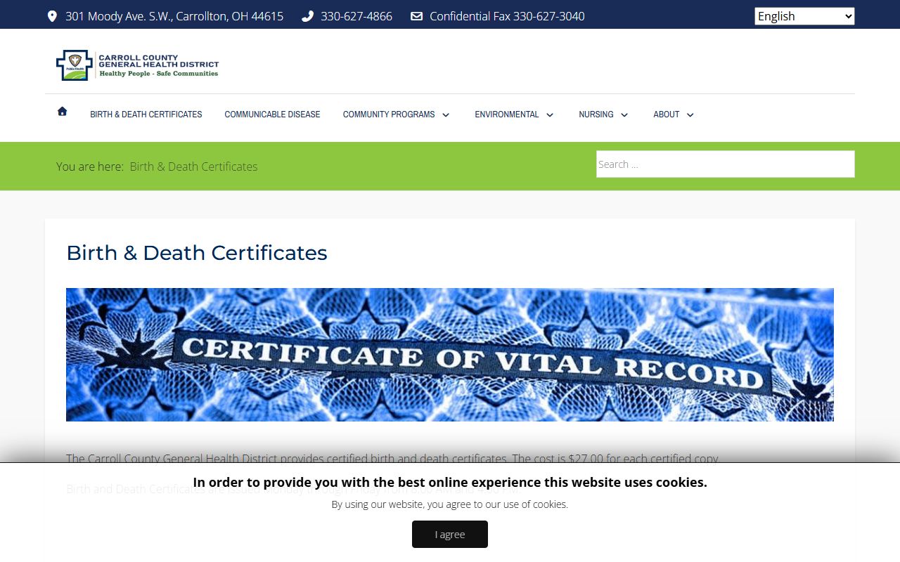 Carroll County General Health District birth and death certificates page
