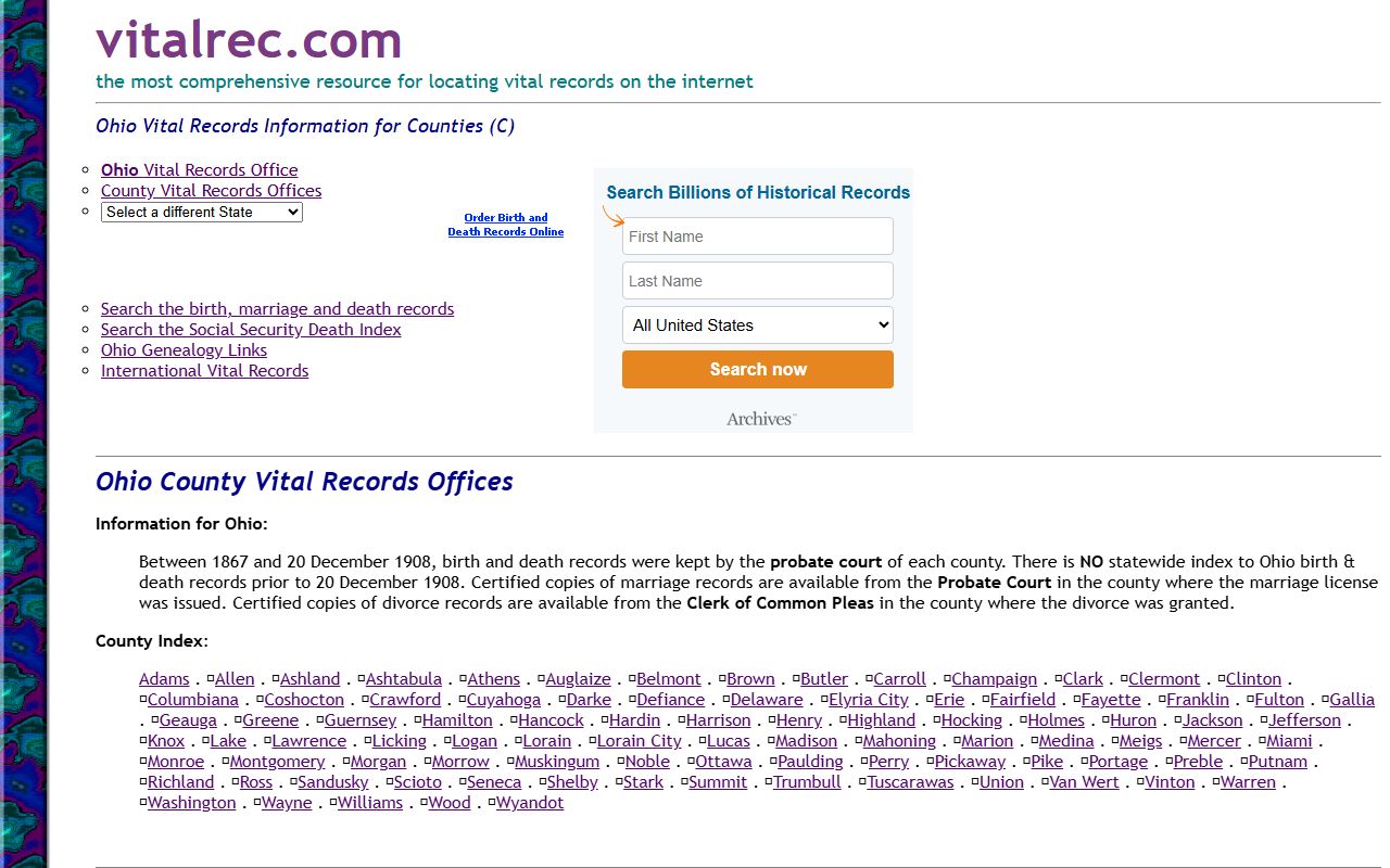 VitalRec.com listing for Carroll County historical death records
