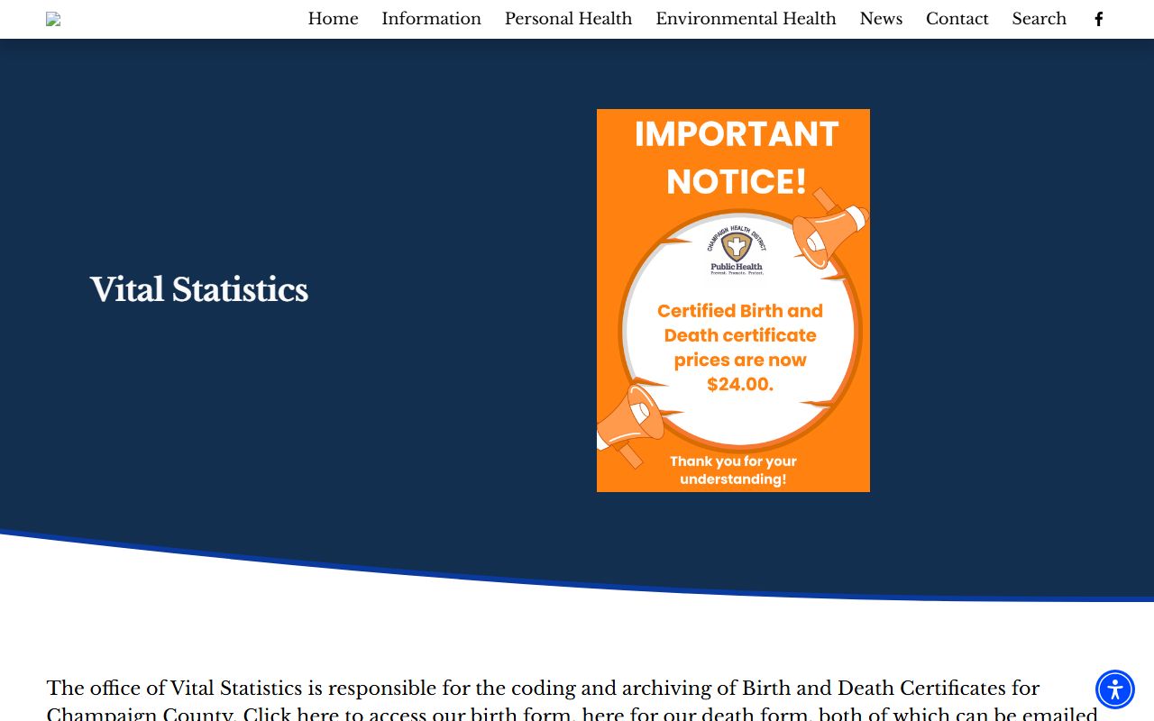 Champaign Health District vital statistics page for Champaign County death records