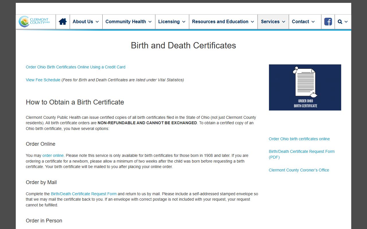 Clermont County Public Health birth and death certificates page