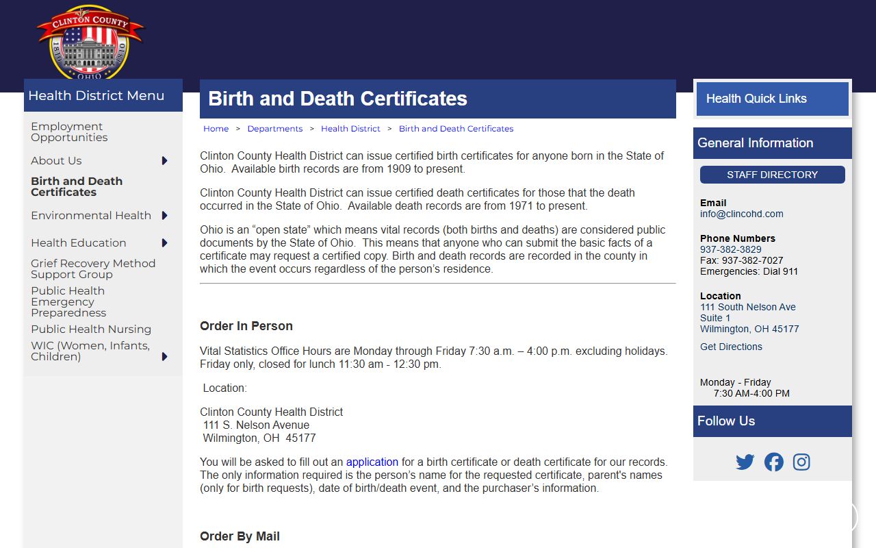 Clinton County Health District birth and death certificates page
