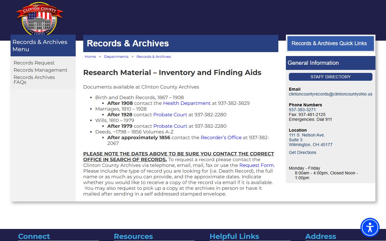 Clinton County Records and Archives Center page