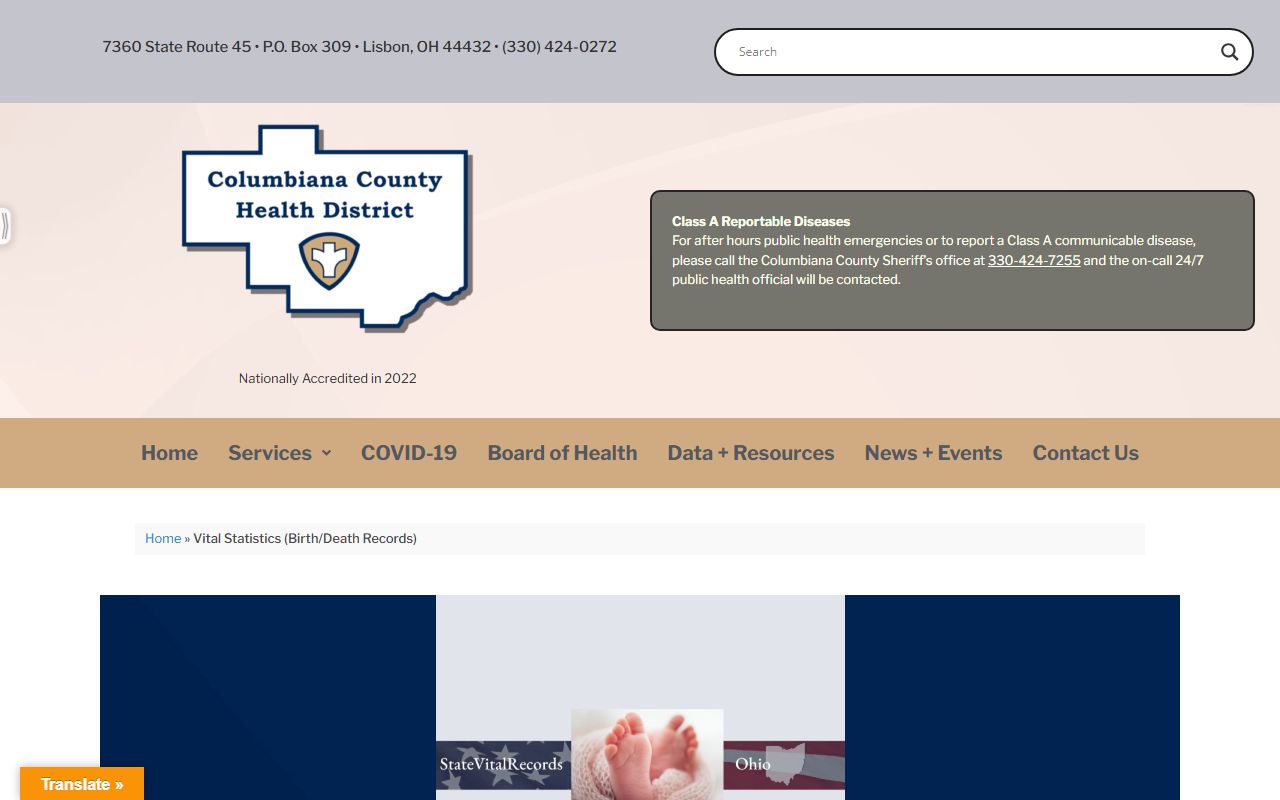 Columbiana County Health District vital statistics page for death records