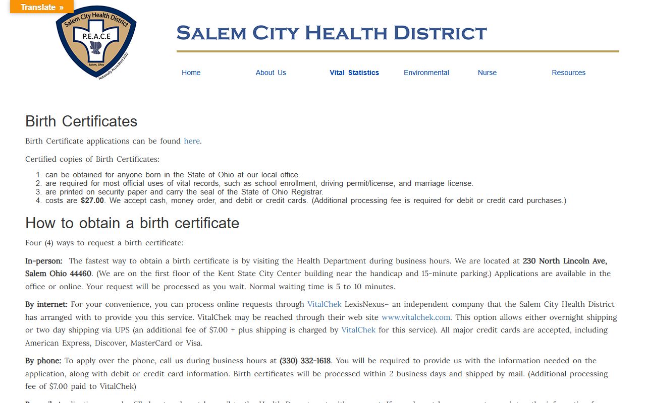Salem City Health District vital statistics page for Columbiana County death records