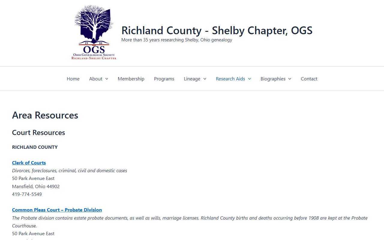 Area resources page listing Crawford County death records information