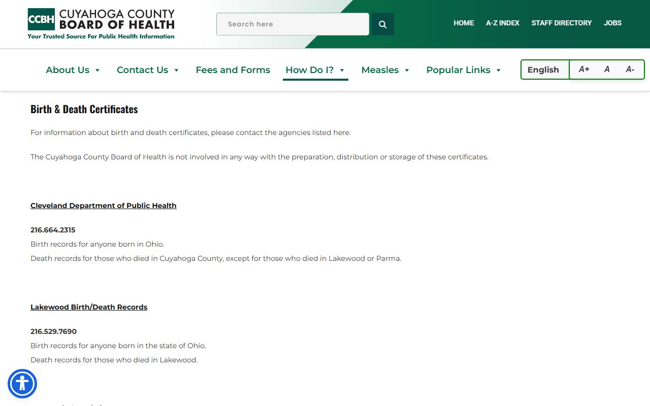 Cuyahoga County Board of Health death certificates information page