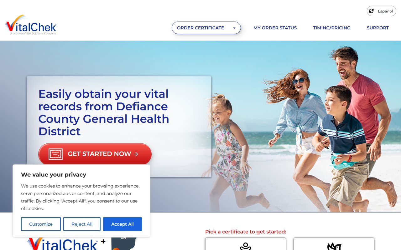 VitalChek ordering page for Defiance County death records