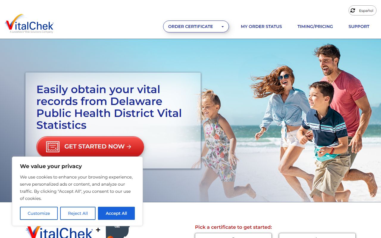 VitalChek ordering page for Delaware County death records