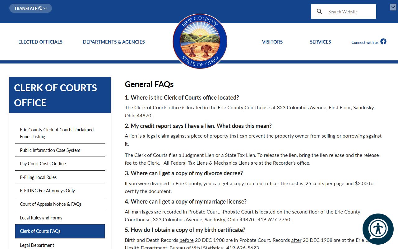 Erie County Clerk of Courts FAQ about death records locations