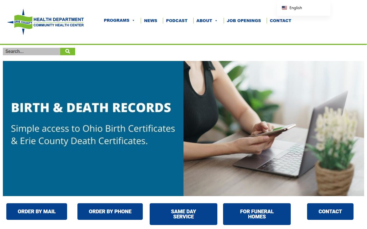 Erie County Health Department death records same-day service page