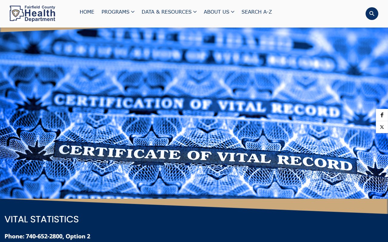 Fairfield County Health Department vital statistics page for death records