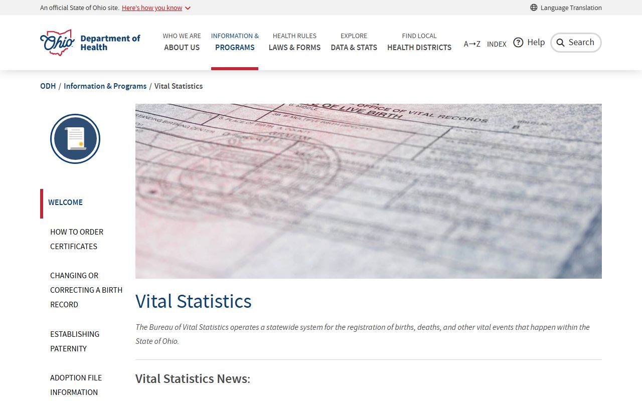 Ohio Department of Health vital statistics page for Fayette County