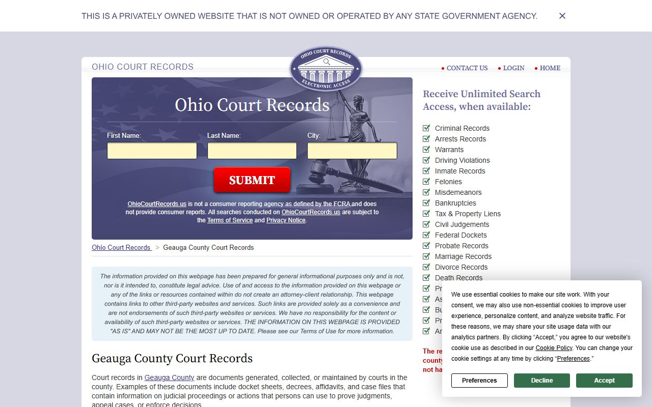 Ohio Court Records page for Geauga County death records