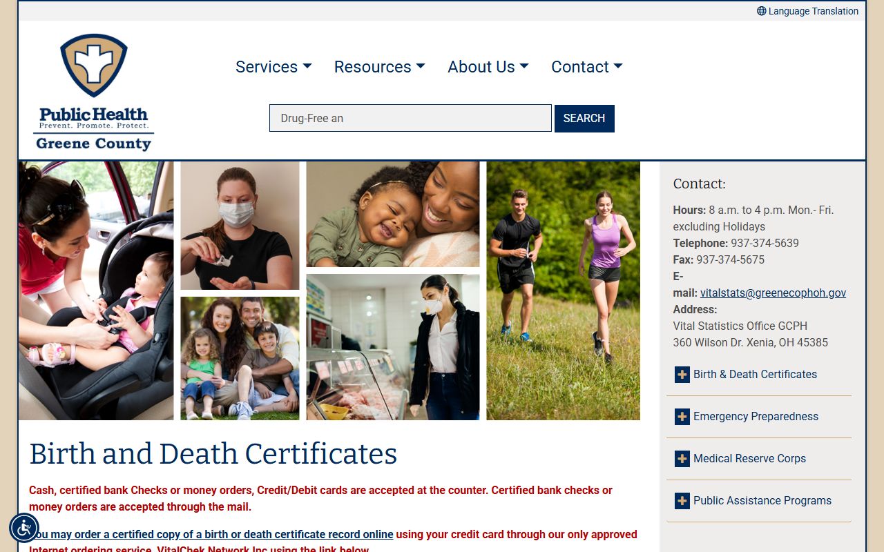 Greene County Public Health vital statistics page for death records