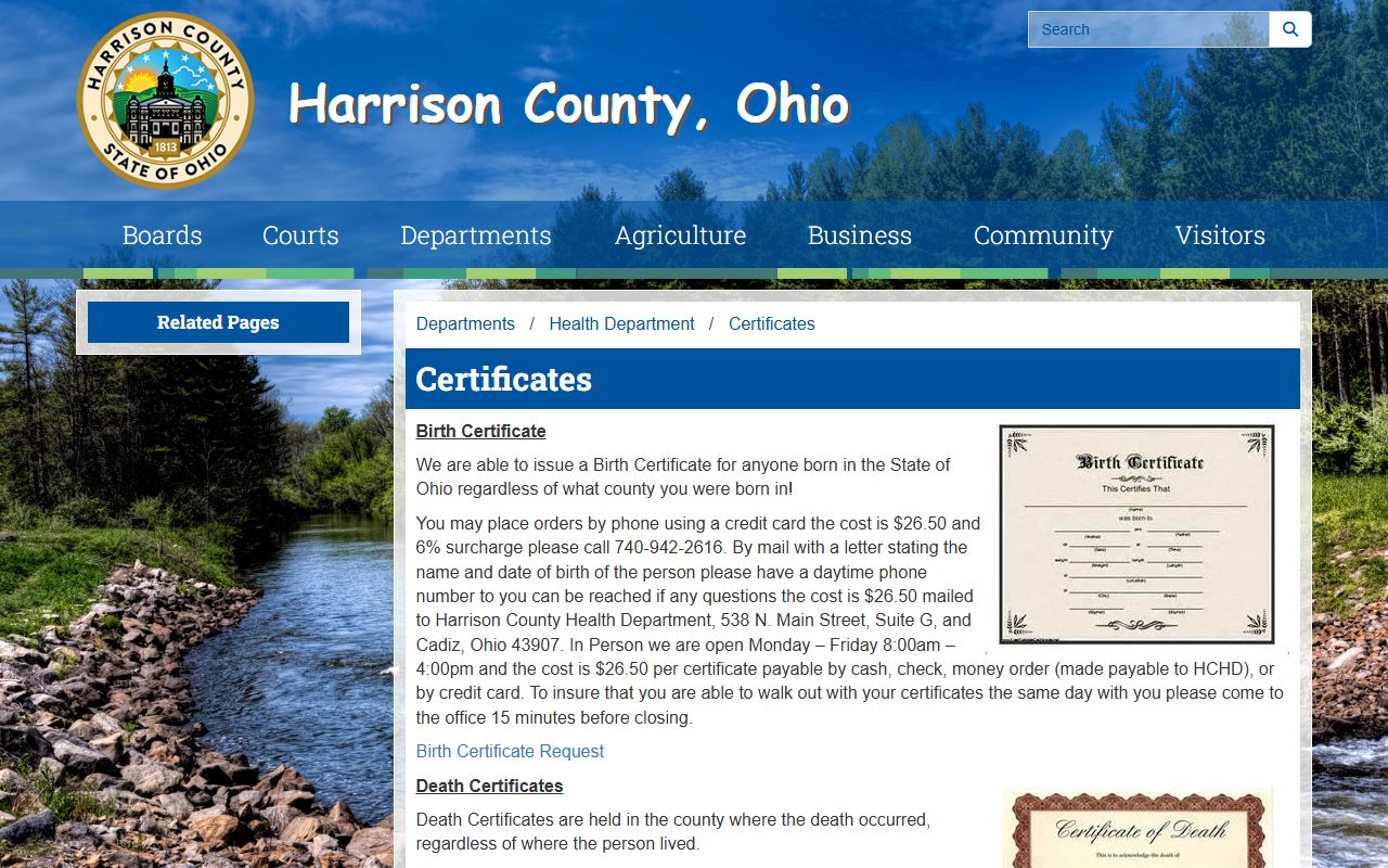 Harrison County death records certificates information page