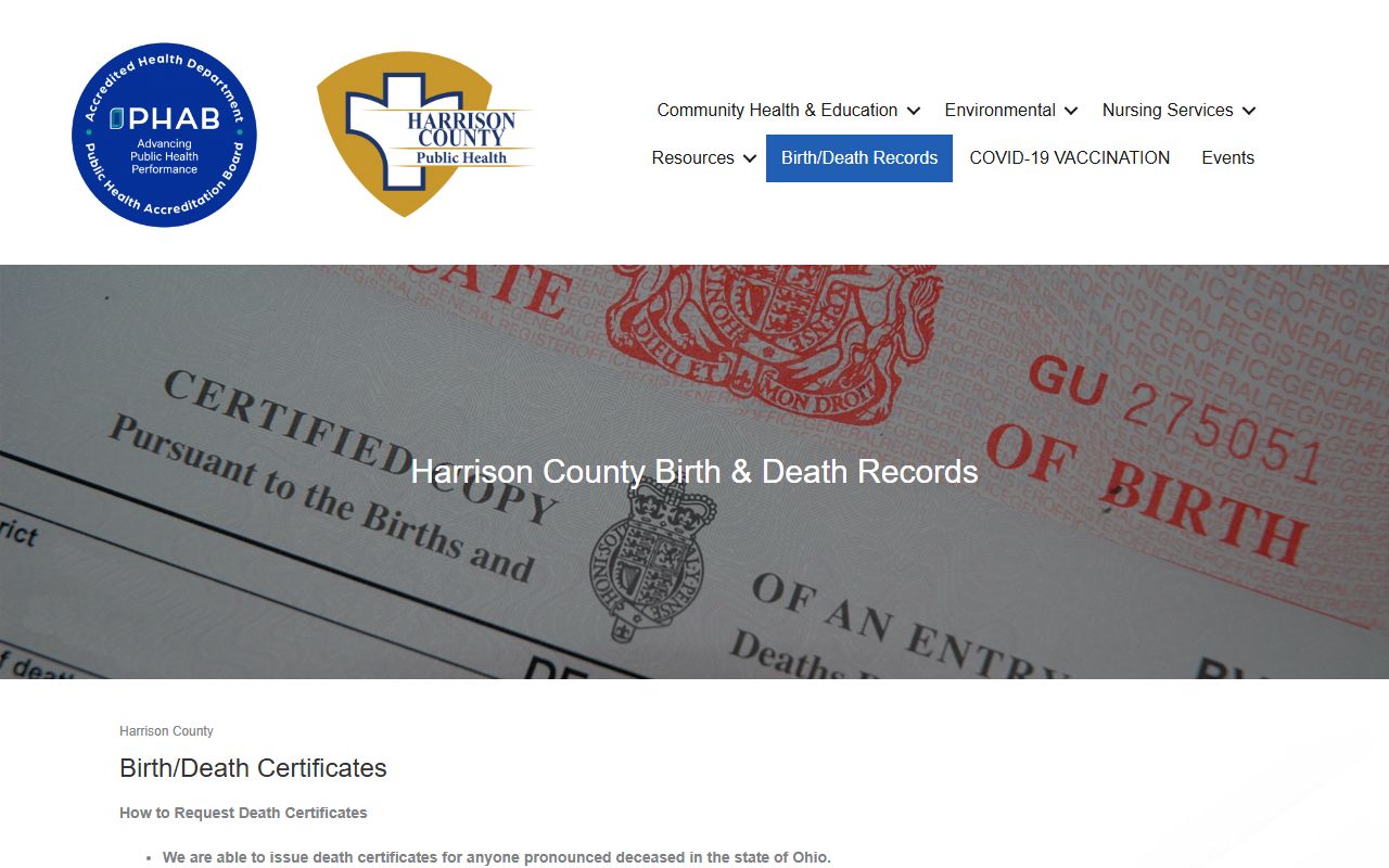 Harrison County death records health department page