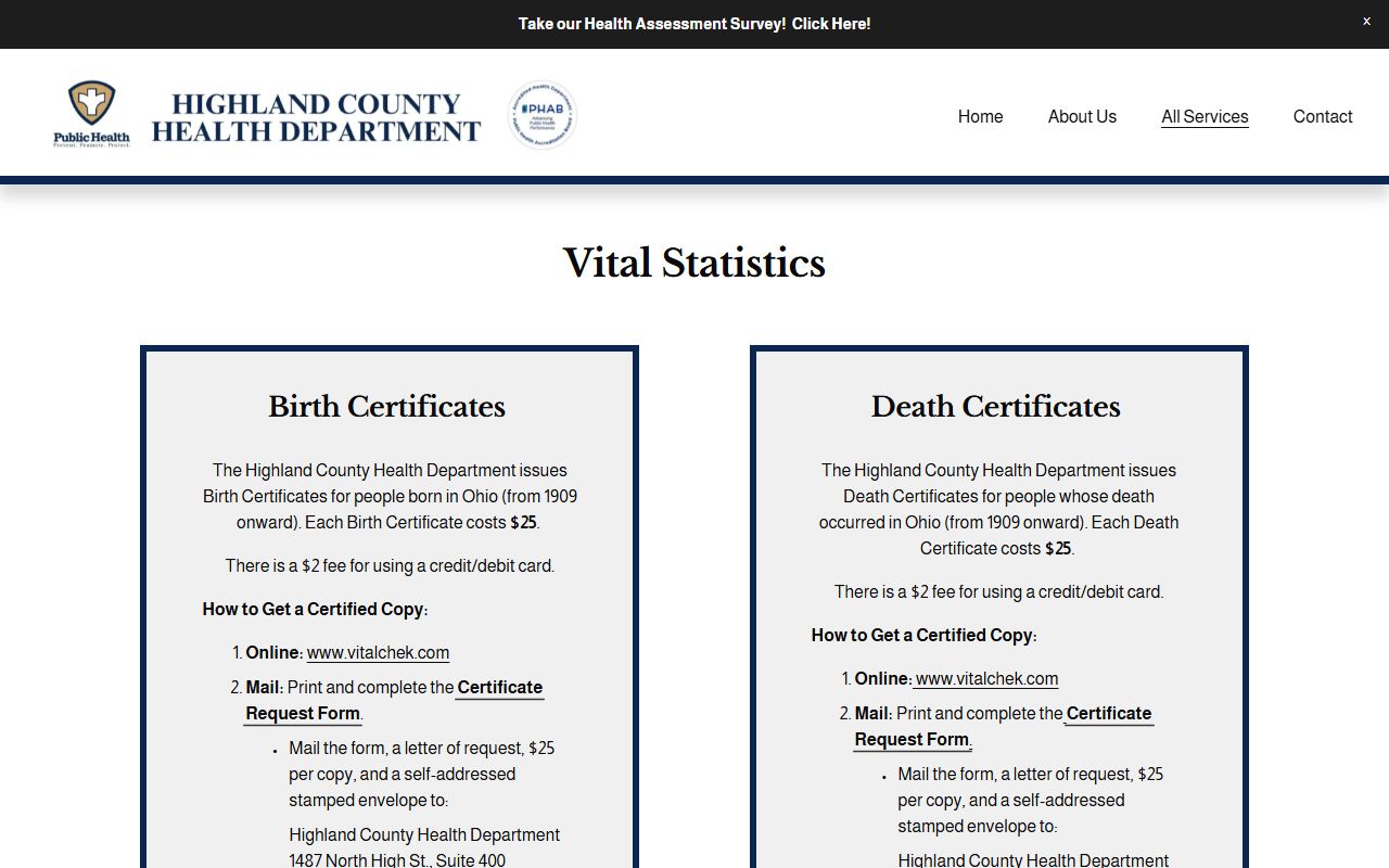 Highland County death records health department vital statistics page