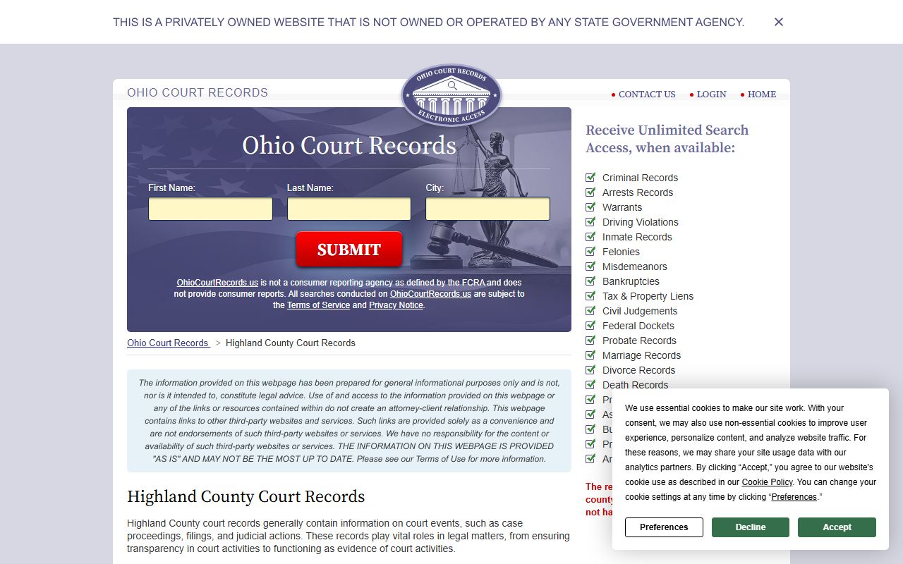 Highland County death records Ohio court records page