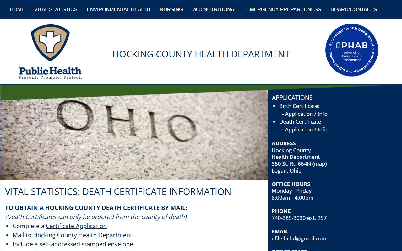 Hocking County death records health department page