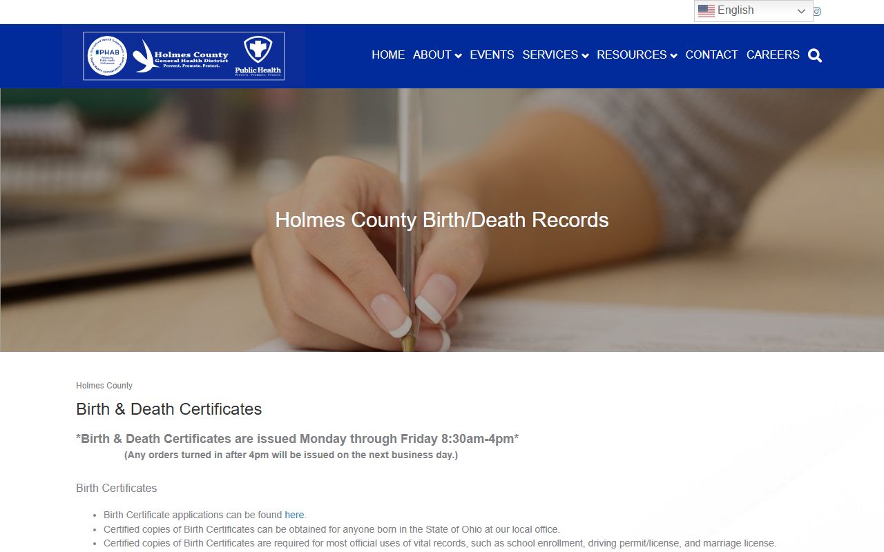 Holmes County death records health department page