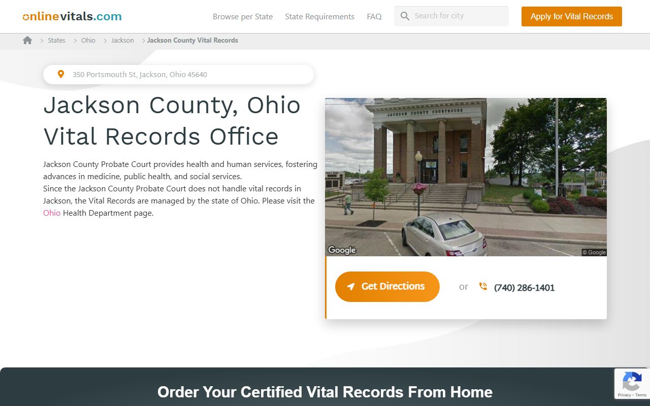 Jackson County death records Online Vitals directory page