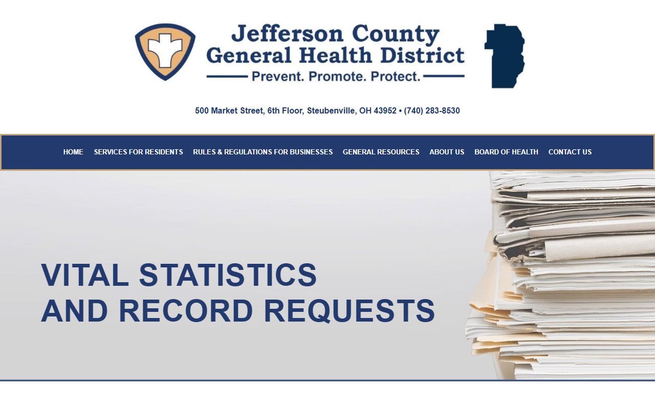 Jefferson County General Health District birth and death certificates page