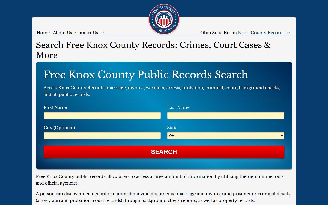 Knox Public Health death certificate ordering page for Knox County