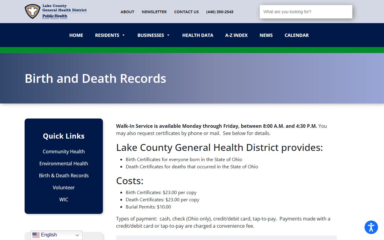 Lake County General Health District birth and death records page