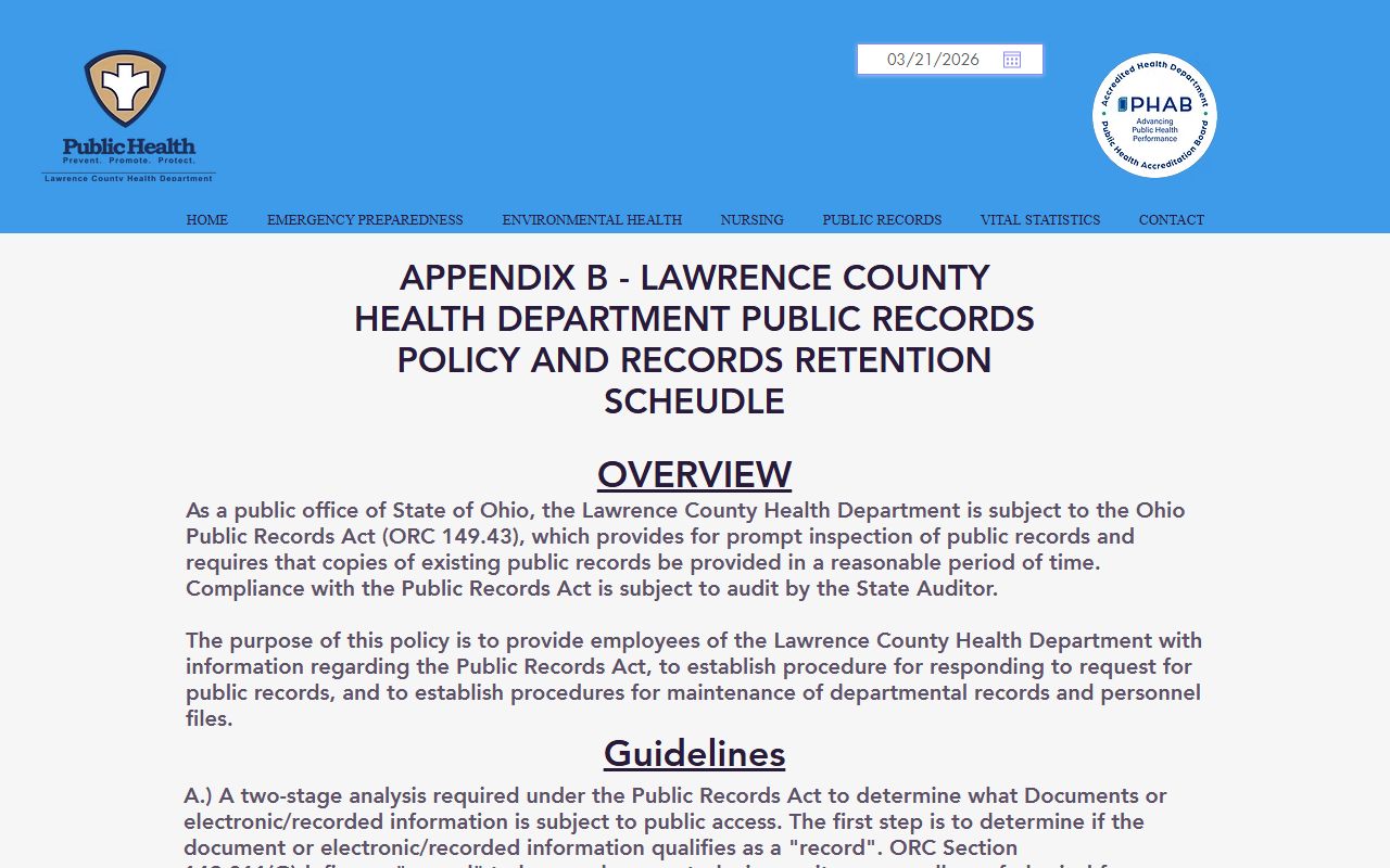 Lawrence County Health Department online ordering portal for death records