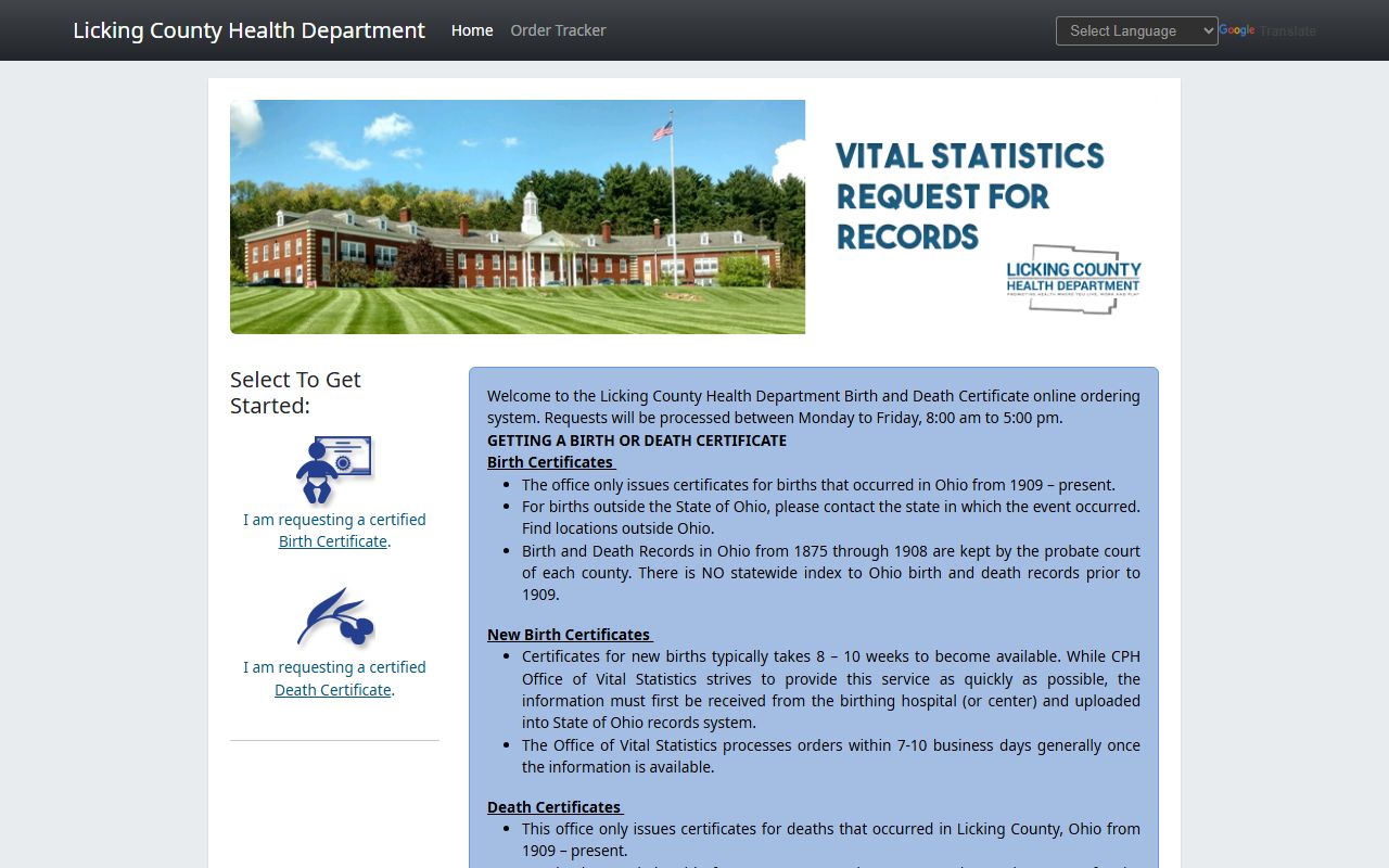 Licking County Health Department death records ordering page