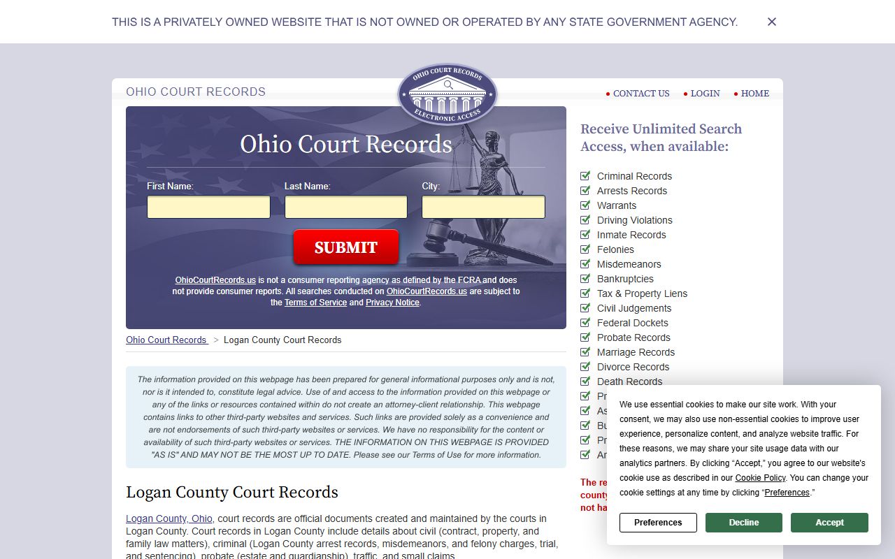 Ohio court records resource for Logan County death records