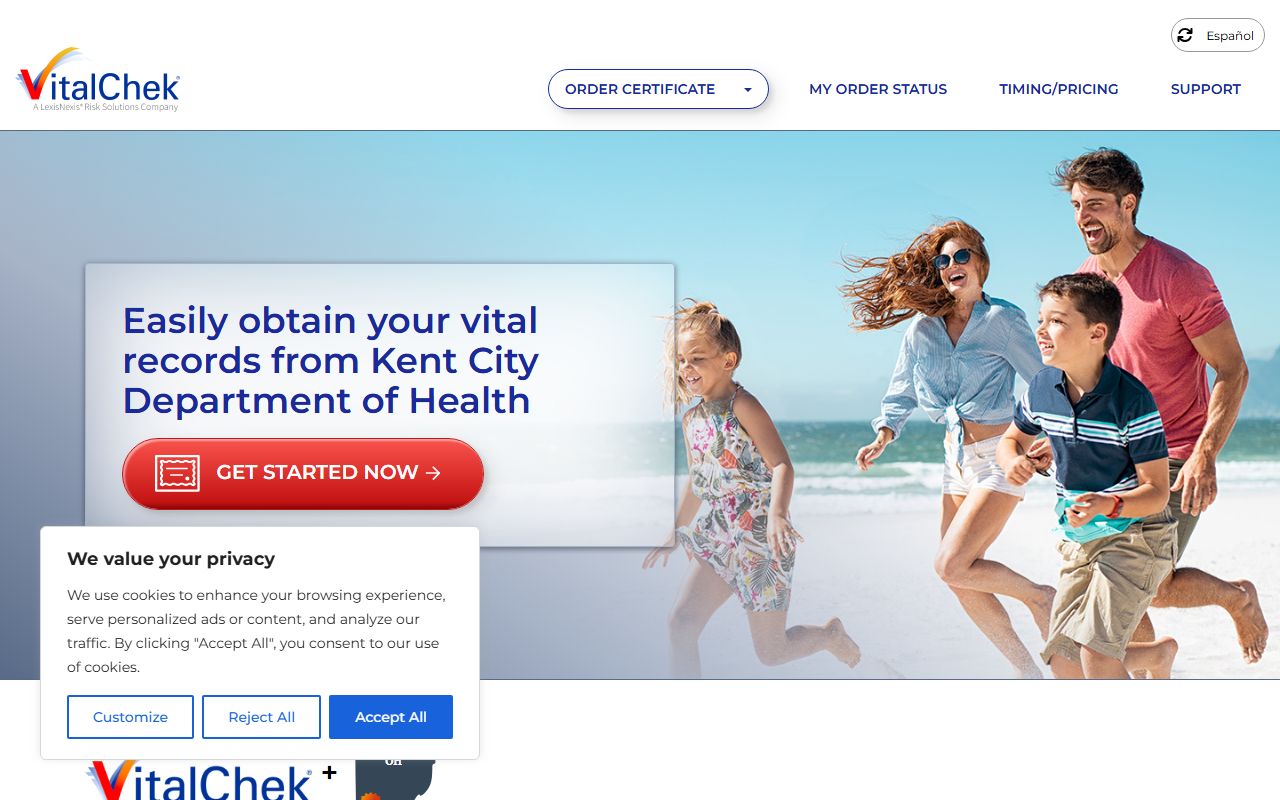 VitalChek ordering page for Portage County death records through Kent City Health