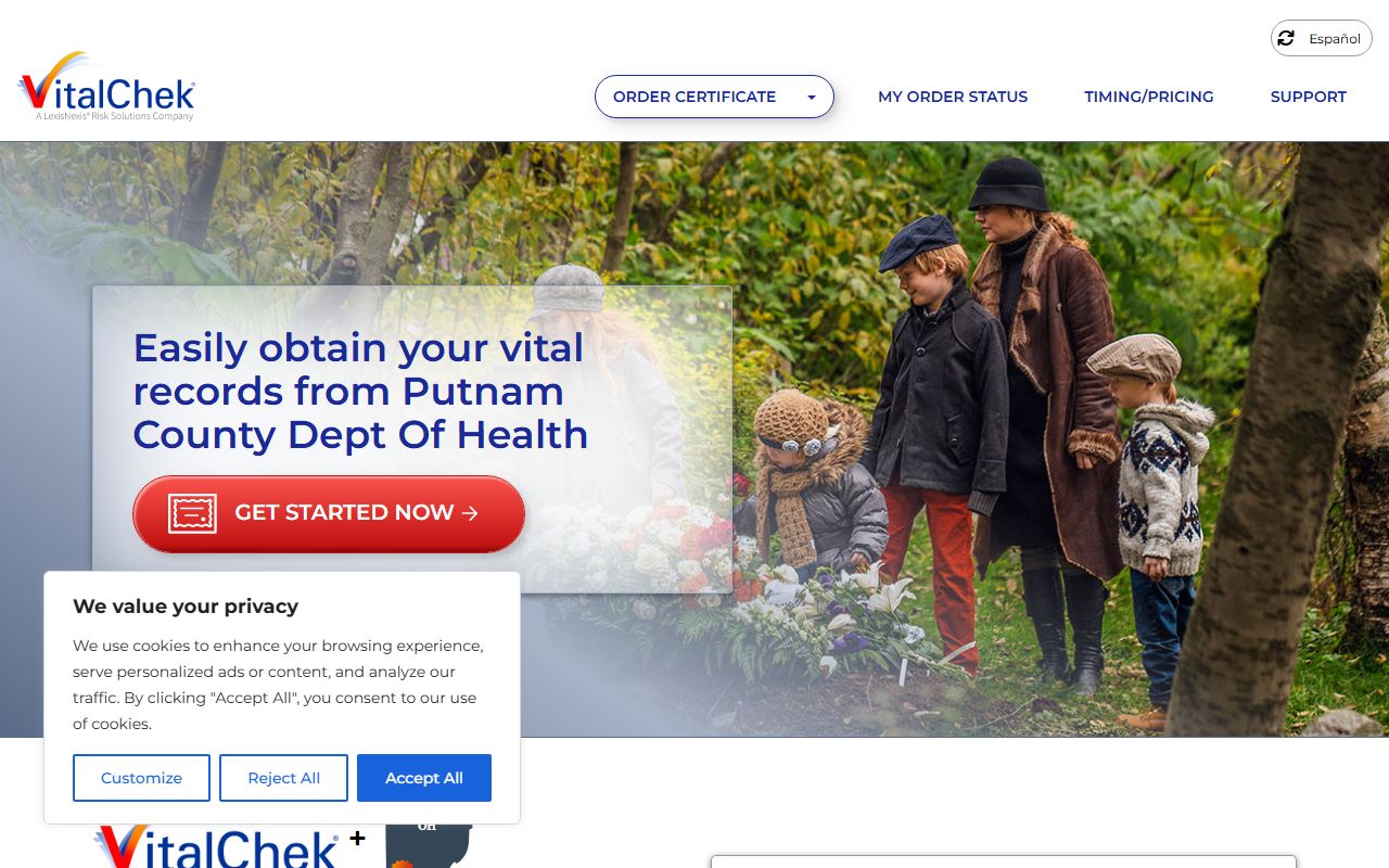 VitalChek ordering page for Putnam County death records