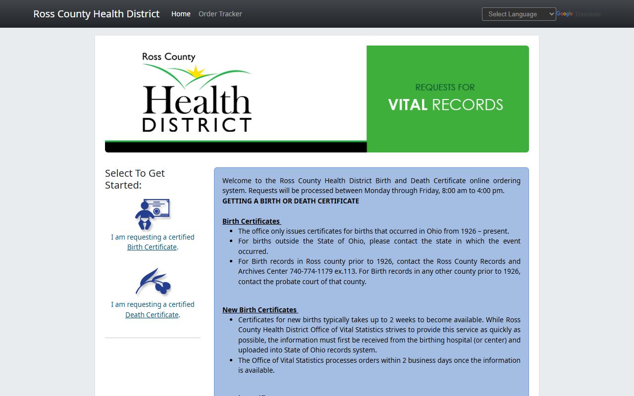 Ross County online ordering portal for death records