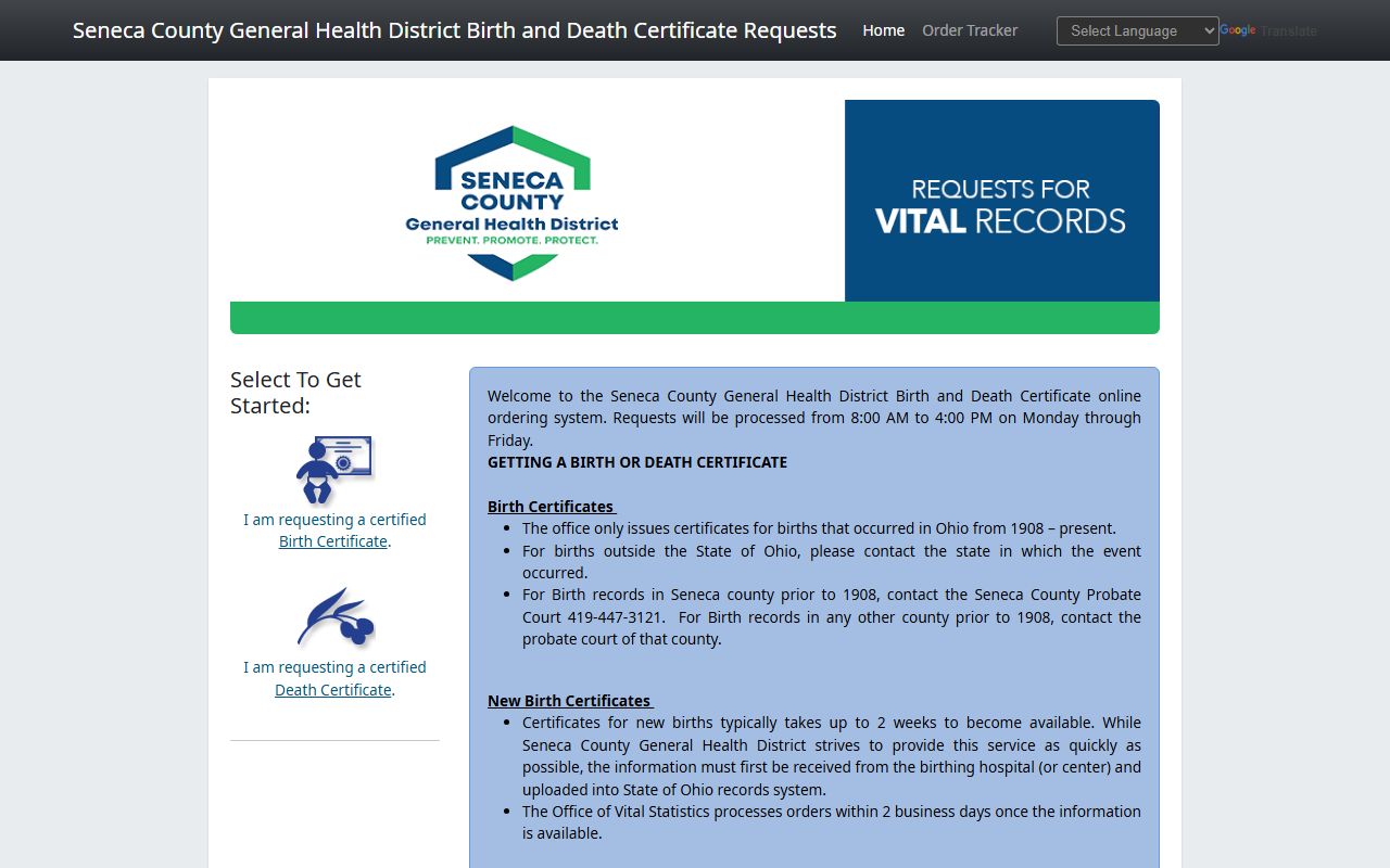 Seneca County online ordering portal for death records